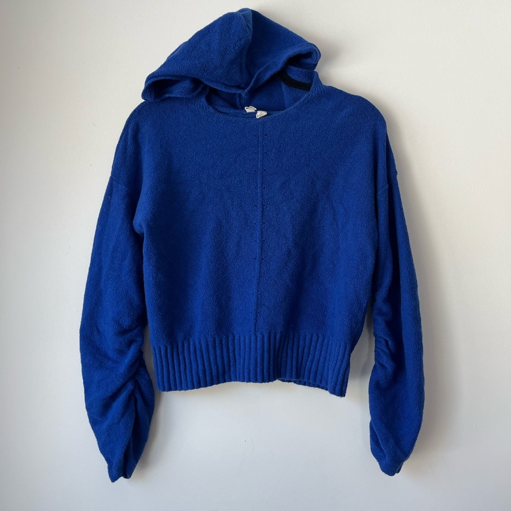 Anthropology Moth Womens Zurich Knit Ruched Sleeves Hooded Sweater Blue XS